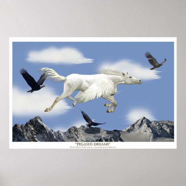 Fliegender Pegasus im Adlergebirge Fantasy Art Poster (Vorne)