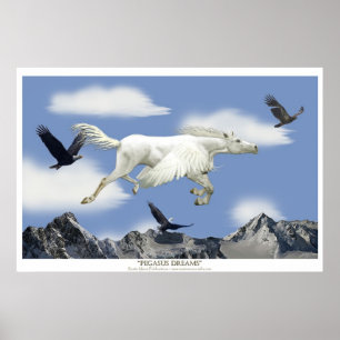 Fliegender Pegasus im Adlergebirge Fantasy Art Poster