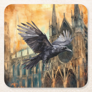 Fliegender Rabe und mittelalterliche gotische Kath Rechteckiger Pappuntersetzer