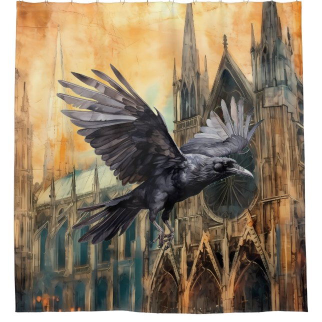 Fliegender Raven und mittelalterliche gotische Kat Duschvorhang (Vorderseite)