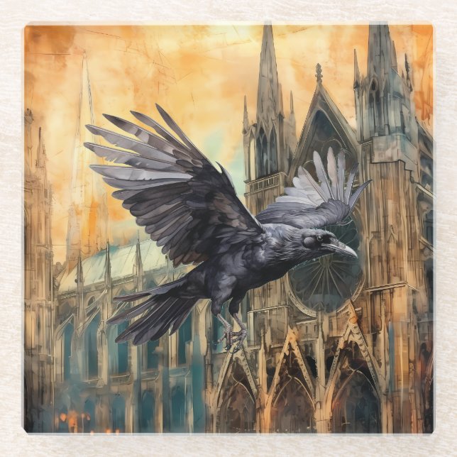 Fliegender Raven und mittelalterliche gotische Kat Glasuntersetzer (Vorderseite)