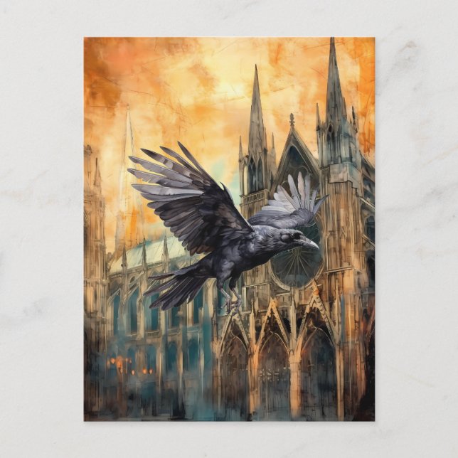 Fliegender Raven und mittelalterliche gotische Kat Postkarte (Vorderseite)