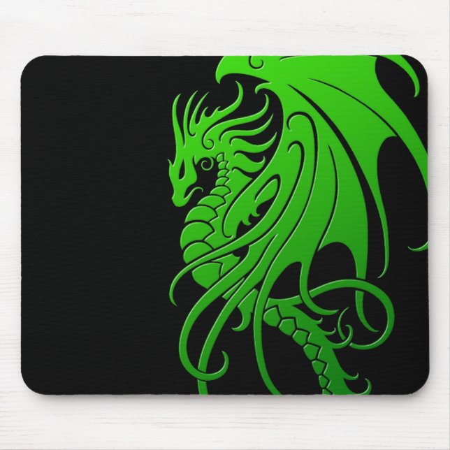 Fliegender Stammes- Drache - Grün auf Schwarzem Mousepad (Vorne)