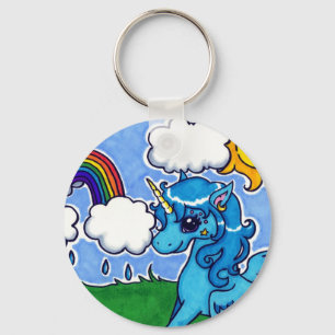Fliegendes blaues Einhorn mit Regenbogen Schlüsselanhänger