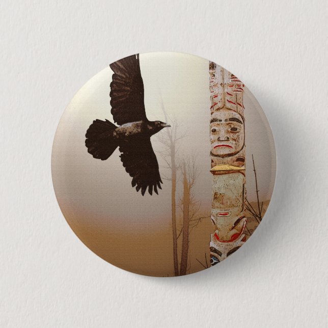 Fliegendes Raven & Totem Pole Fantasy Art Button (Vorderseite)