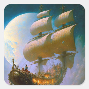 Fliegendes Schiff Fantasy Art Quadratischer Aufkleber