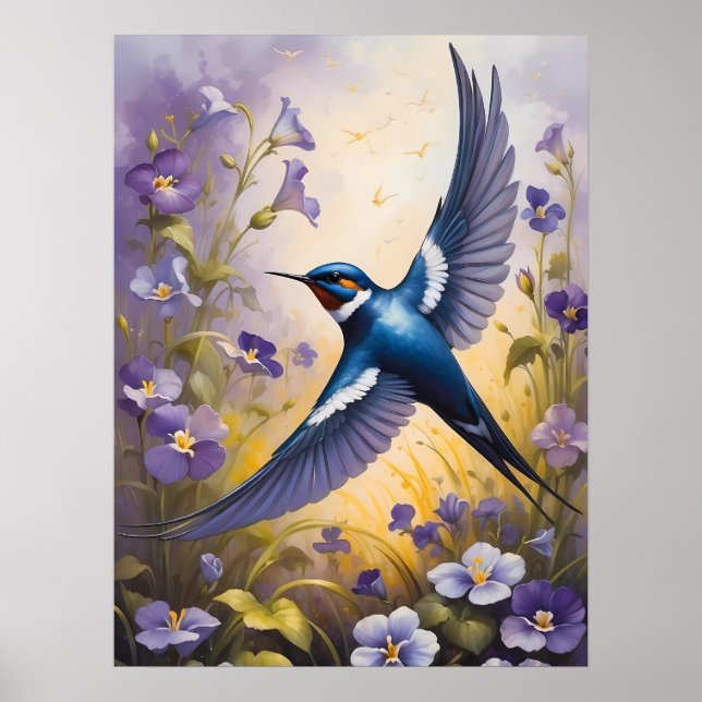 Fliegendes Schluckfeld bei violetten Blume Poster (Vorne)