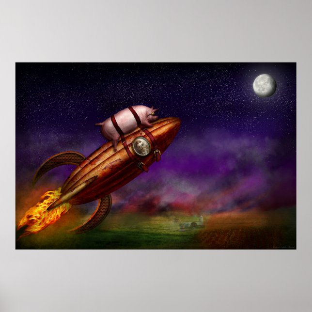 Fliegendes Schwein - Rakete - Zum Mond oder nichts Poster (Vorne)