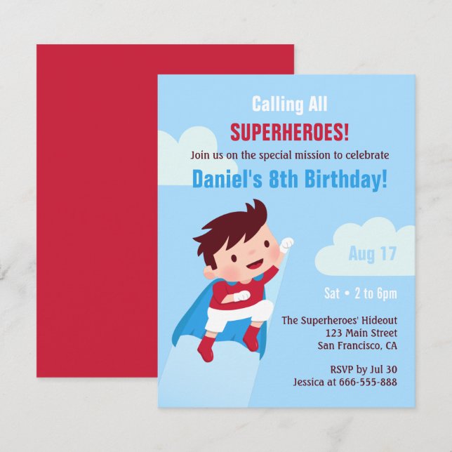 Fliegendes Superhero Boy Kindergeburtstag Party Einladung (Vorne/Hinten)