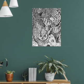 Fliegendes Waldkauzplakat, schwarz-weiße Natur Poster