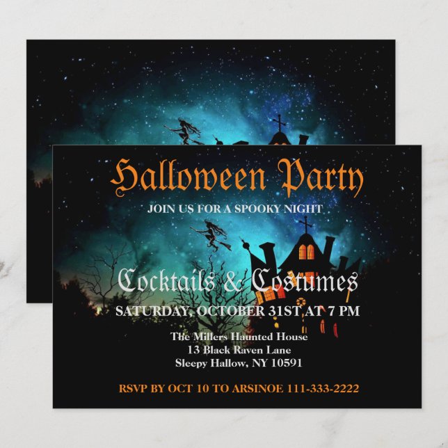 Fliegendes Witch Spooky Halloween-Party Einladung (Vorne/Hinten)