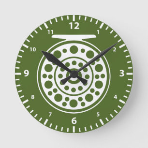 Fliegenfischen Fliegenrute in Weiß Silhouette Angl Runde Wanduhr