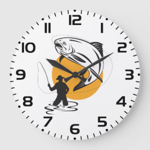 Fliegenfischen Forelle Sonnenuntergang Silhouette Große Wanduhr