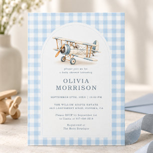 Flieger Flugzeug Gingham Jungen Baby-Party Einladung