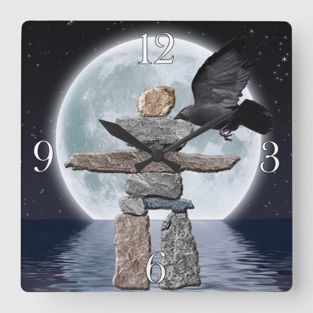 Flieger, Inukshuk und Foto Quadratische Wanduhr (Vorderseite)