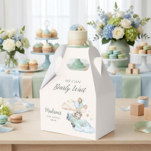 Flieger-Teddybär-Baby-Shower-Giebel-Geschenkboxen Geschenkschachtel (Aviator Teddy Bear Baby Shower Gable Box. Blue Boy Airplane. We Can Bearly Wait.)