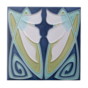 Fliese - Jugendstil Blaues Hintergrund Weiß Blumen