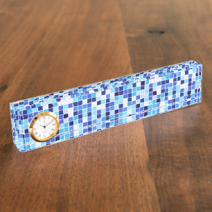 Fliesen, blaue Mosaikfliesen, geometrisches Muster Namensplakette