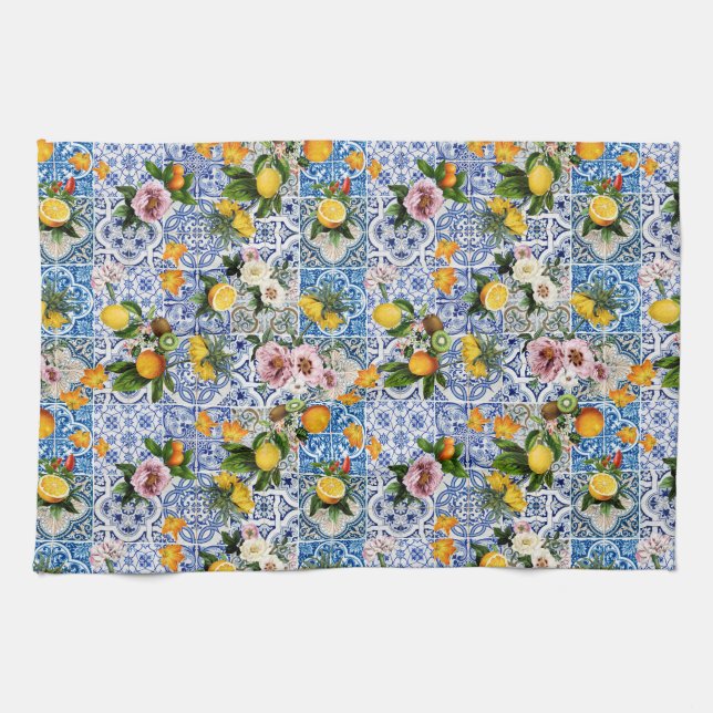 Fliesen im sizilianischen Stil mit Blume und Zitro Geschirrtuch (Horizontal)