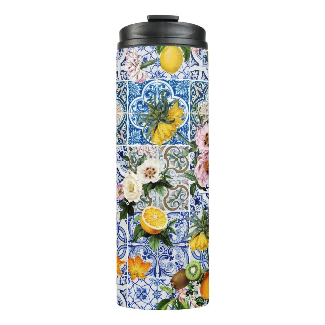 Fliesen im sizilianischen Stil mit Blume und Zitro Thermosbecher (Vorderseite)