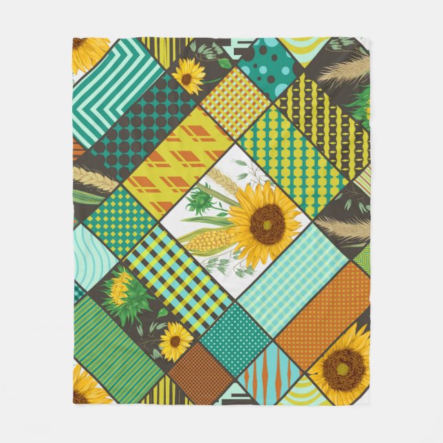 Fliesen, Sonnenblumen, geometrisches Muster. Fleecedecke (Vorderseite)