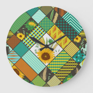 Fliesen, Sonnenblumen, geometrisches Muster. Große Wanduhr