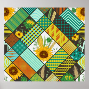Fliesen, Sonnenblumen, geometrisches Muster. Poster