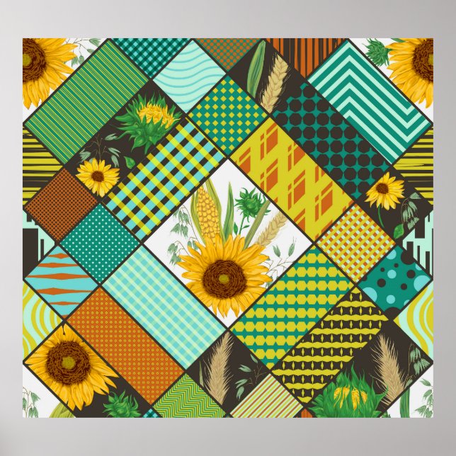 Fliesen, Sonnenblumen, geometrisches Muster. Poster (Vorne)