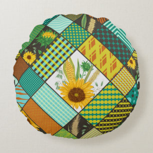 Fliesen, Sonnenblumen, geometrisches Muster. Rundes Kissen