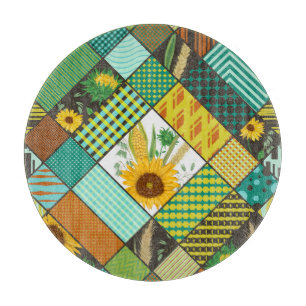 Fliesen, Sonnenblumen, geometrisches Muster. Schneidebrett