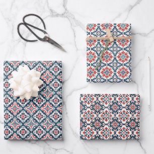 Fliesenmuster mit Navy-, Rot- und Aquamarinen Blum Geschenkpapier Set