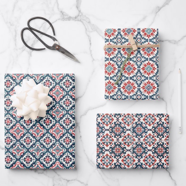 Fliesenmuster mit Navy-, Rot- und Aquamarinen Blum Geschenkpapier Set (Vorderseite)