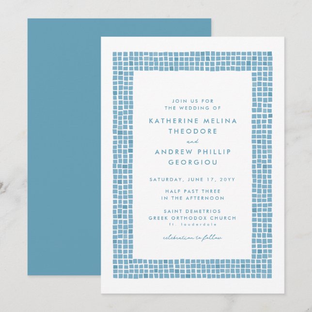 Fliesenrahmen einfache griechisch-blaue Hochzeit i Einladung (Vorne/Hinten)