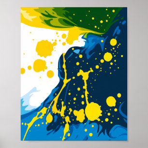 Fließende blaue Wellen mit gelben Farbspritzern Poster