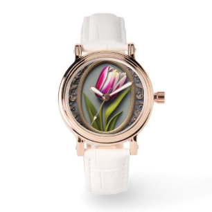 Fließende Eleganz: Rosa Tulpe im Jugendendstil-Des Armbanduhr