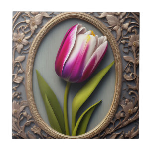 Fließende Eleganz: Rosa Tulpe im Jugendstil-Design Fliese