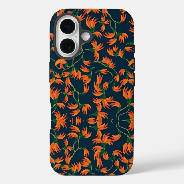 Fließendes oranges Blumendesign iPhone 16 Hülle (Rückseite)
