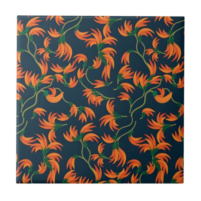Fließendes oranges Blumenmuster Fliese (Vorderseite)