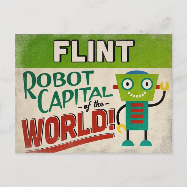 Flint Michigan Robot - Funny Vintag Postkarte (Vorderseite)
