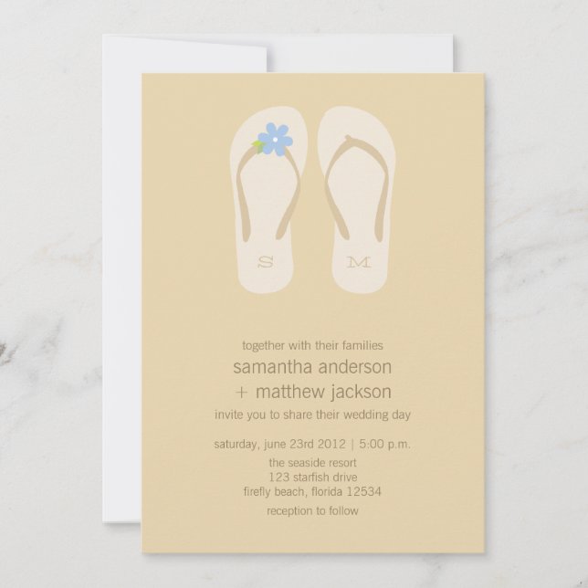 Flip Flop Beach Wedding Invitations -Flower Bleu (Devant)