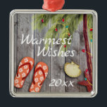 Flip Flops and Christmas Palm Tree with Year Beach Ornament Aus Metall<br><div class="desc">This Warmest Wishes beach holiday Christmas tree ornament features a cute pair of orange flip flops decorated with white Hibiscus flowers. There are also seashells and a watercolor palm tree decorated with Christmas tree string lights, all on a wooden background. It can be personalized with a year and any text...</div>