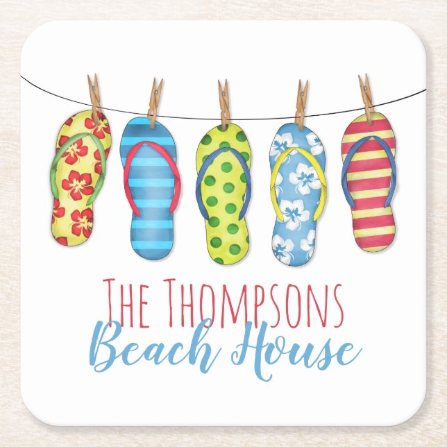 Flip Flops Personalisiert Whimsical Beach House Rechteckiger Pappuntersetzer (Vorderseite)