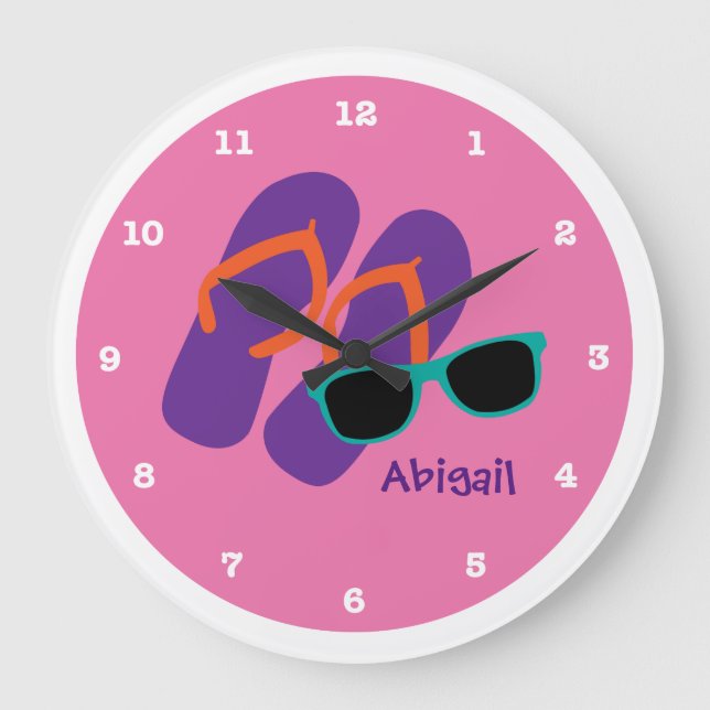 Flip Flops und Sonnenbrille Beach Pink Personalisi Große Wanduhr (Vorderseite)
