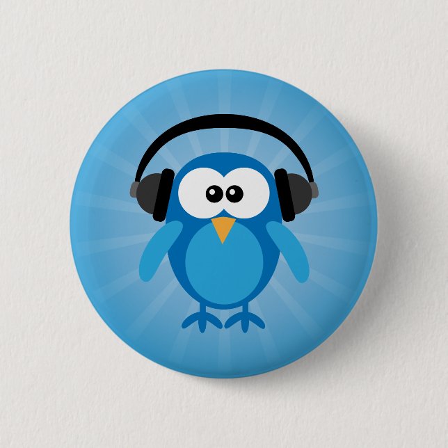 Flippige blaue Retro Eule mit Kopfhörern Button (Vorderseite)