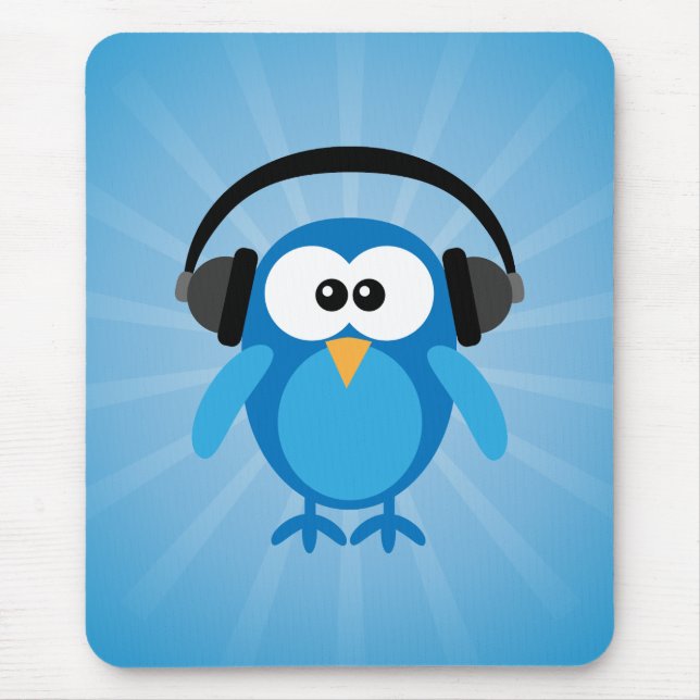 Flippige blaue Retro Eule mit Kopfhörern Mousepad (Vorne)
