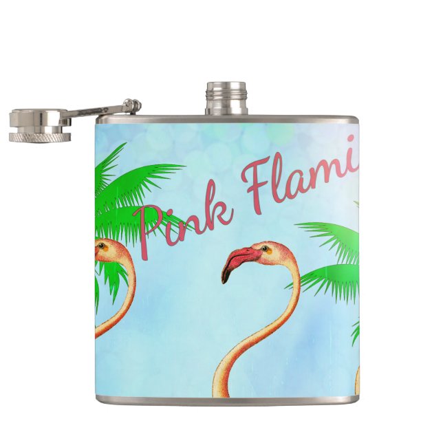 Flippiger rosa Flamingo-Palme-blauer Himmel Flachmann (Geöffnet)