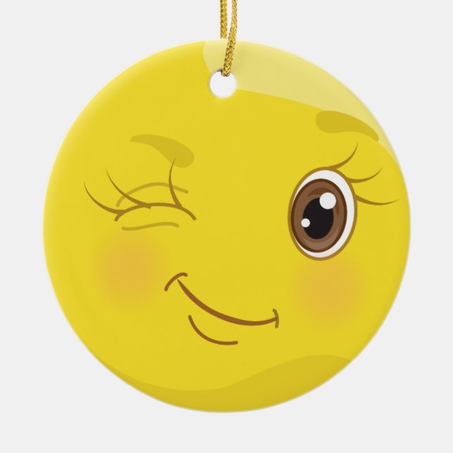 Flirt Emoji gelbe Verzierung blinzeln Keramikornament (Vorne)