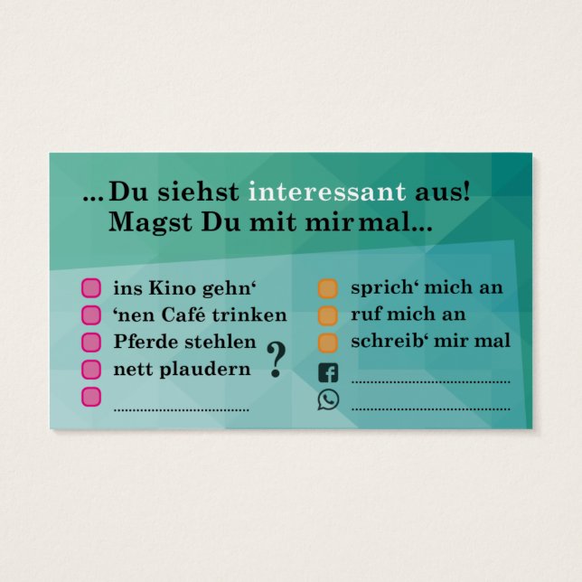 Flirt-Karte "Interessant..."; mit Kontaktfeldern (Rückseite)