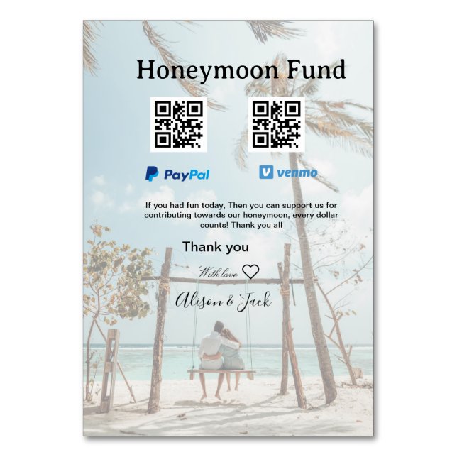 Flitterwochen-Fonds Venmo PayPal-Spende Q R Paar Tischnummer (Vorderseite)