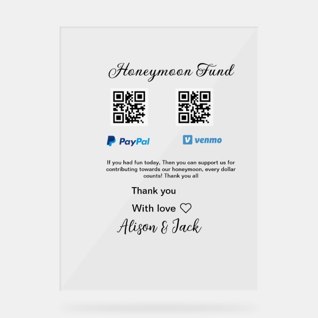 Flitterwochenfonds venomo paypal donation Q R paar Acrylschild (Vorderseite)
